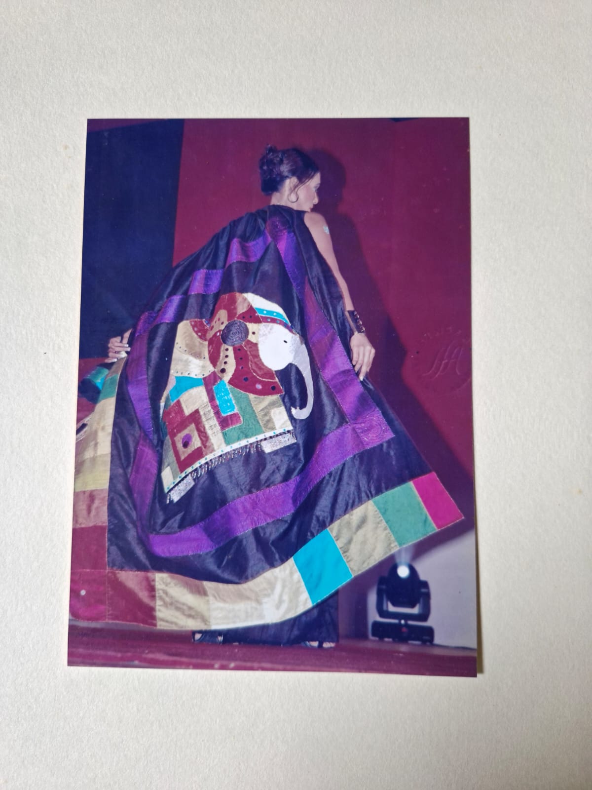 The back of a runway sari showing a large appliqued elephant motif on the palu