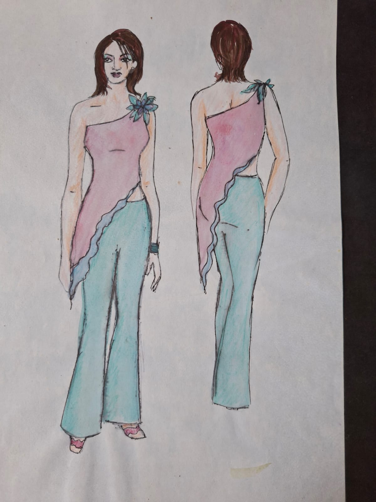 Illustration of an asymmetric one shoulder tunic over wide legged trousers