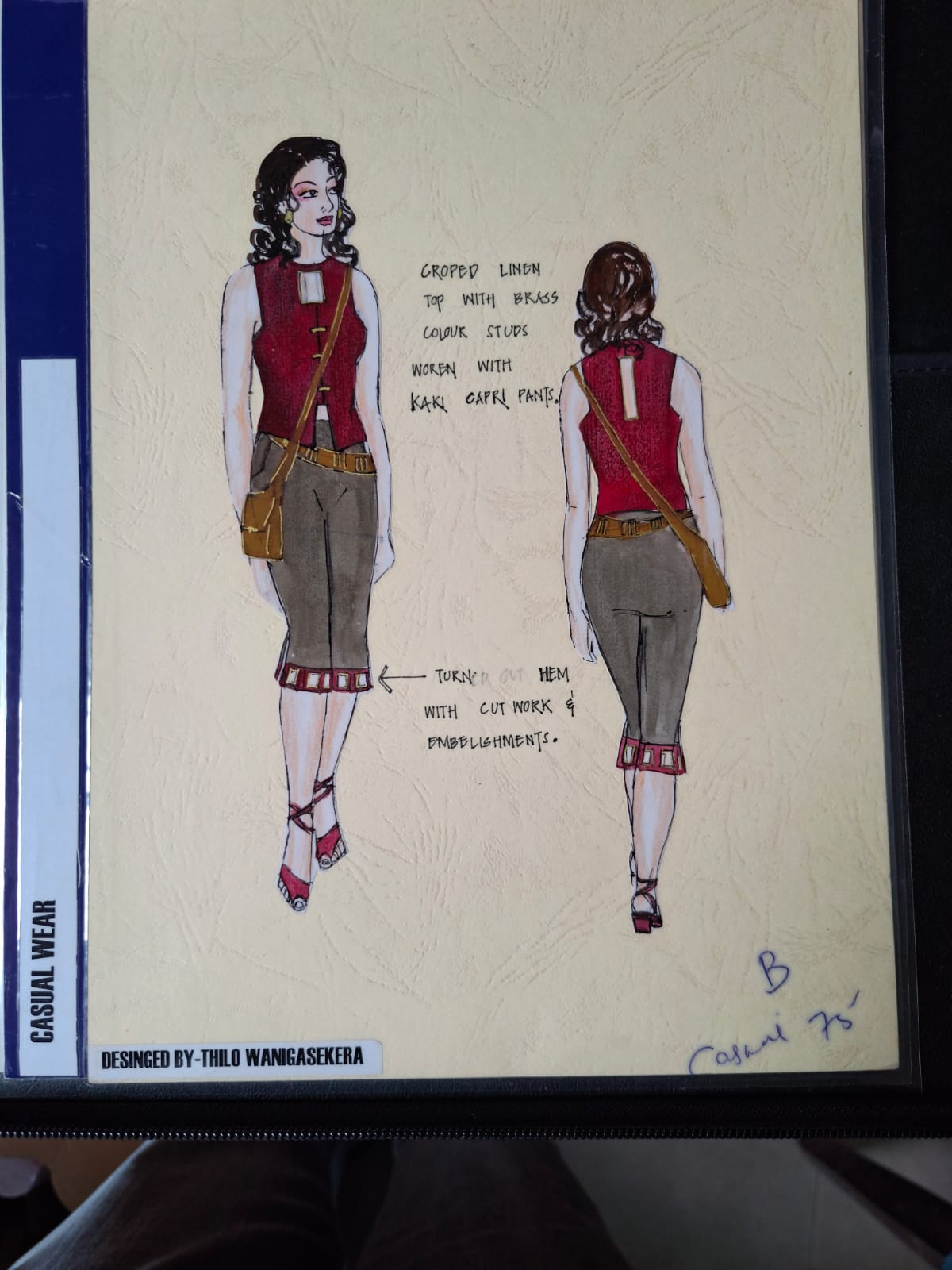 Illustration of a cropped linen top with brass studs worn with khaki capri pants
