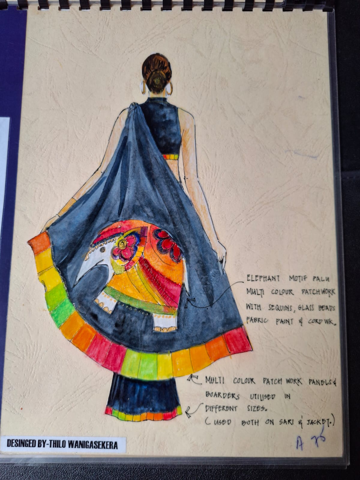 Illustration of a sari with an elephant motif palu, annotated with fabric notes