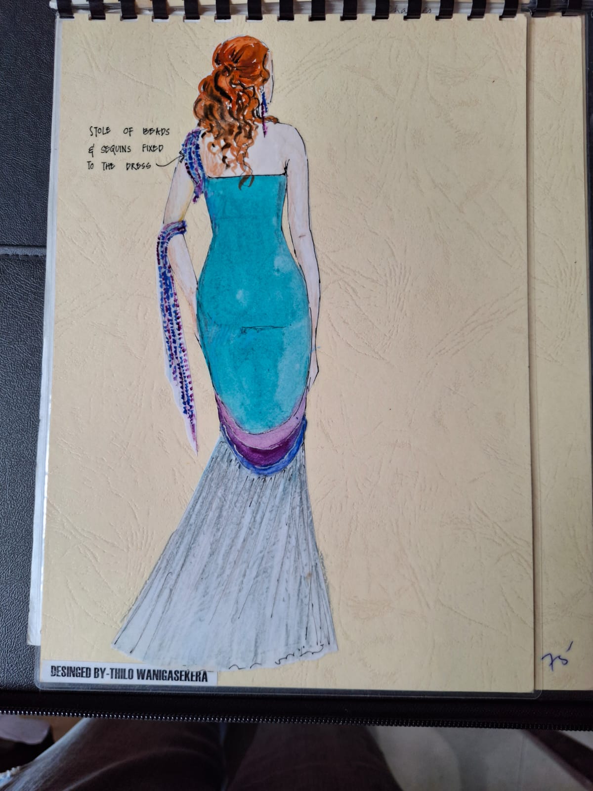 Illustration showing the back of an evening dress with a beaded and sequinned stole