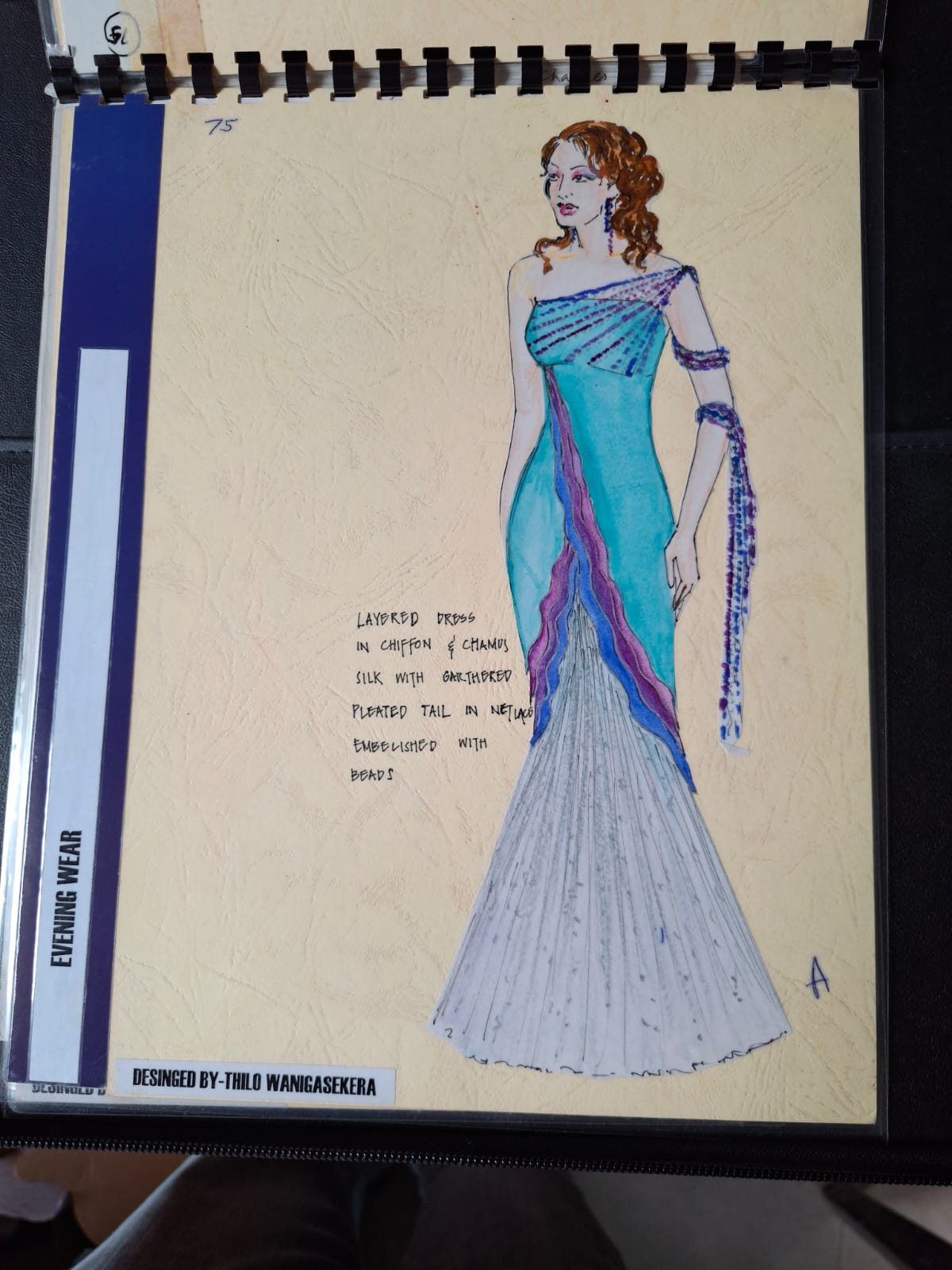 Illustration of a layered chiffon evening dress with a pleated net tail