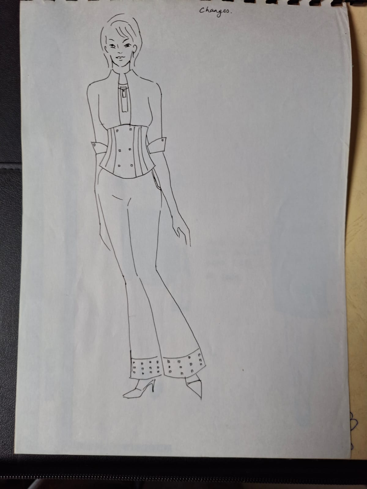 An unshaded pen line study of a corseted top with flared trousers