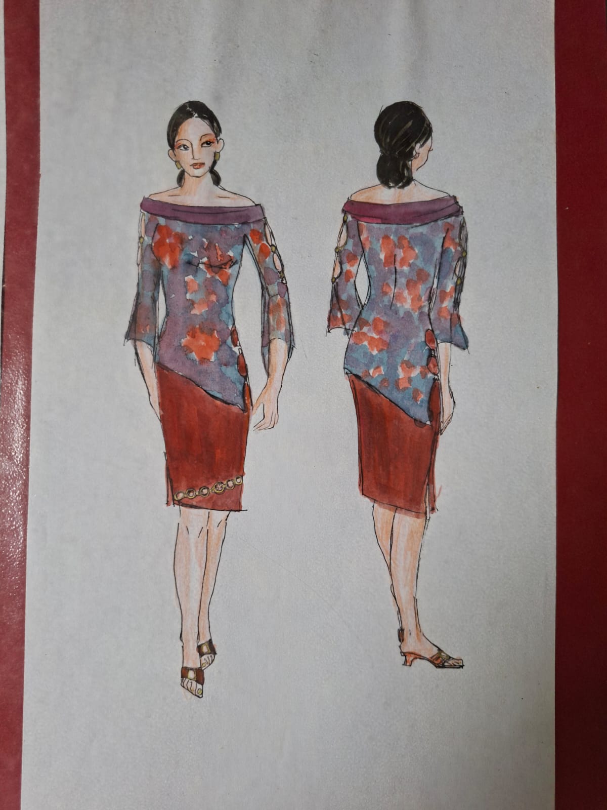 Illustration of an off shoulder floral top over a rust pencil skirt