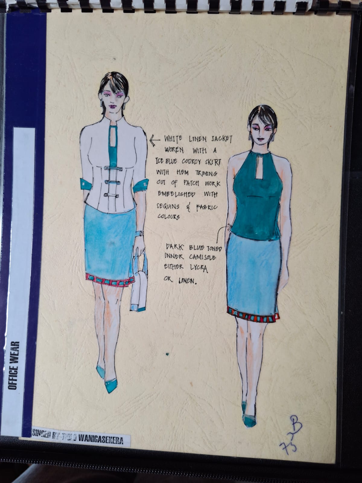 Illustration of a white linen jacket worn with an ice blue corduroy skirt