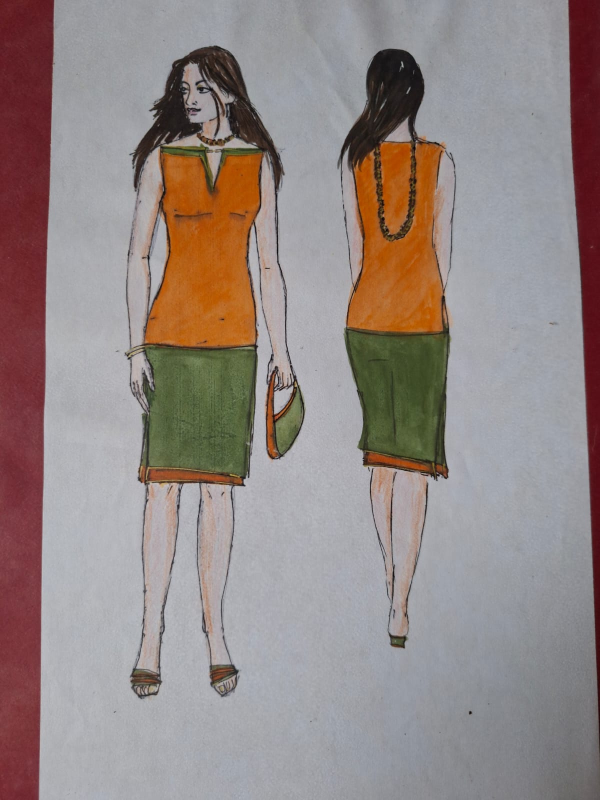 Illustration of an orange sleeveless top with an olive pencil skirt