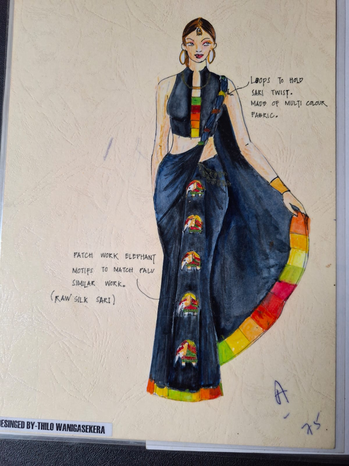 Illustration of a raw silk sari with patchwork elephant motifs and a banded border