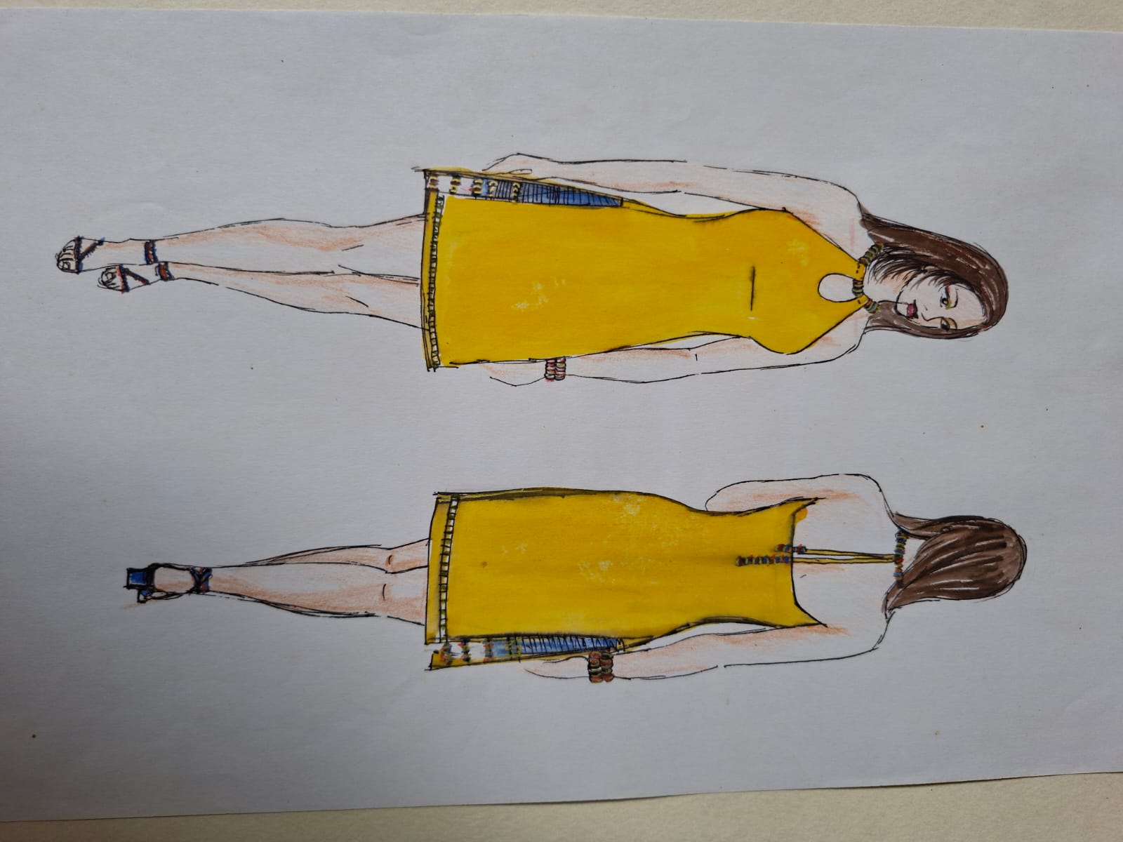 Illustration of a saffron yellow shift dress with beaded trim, front and back