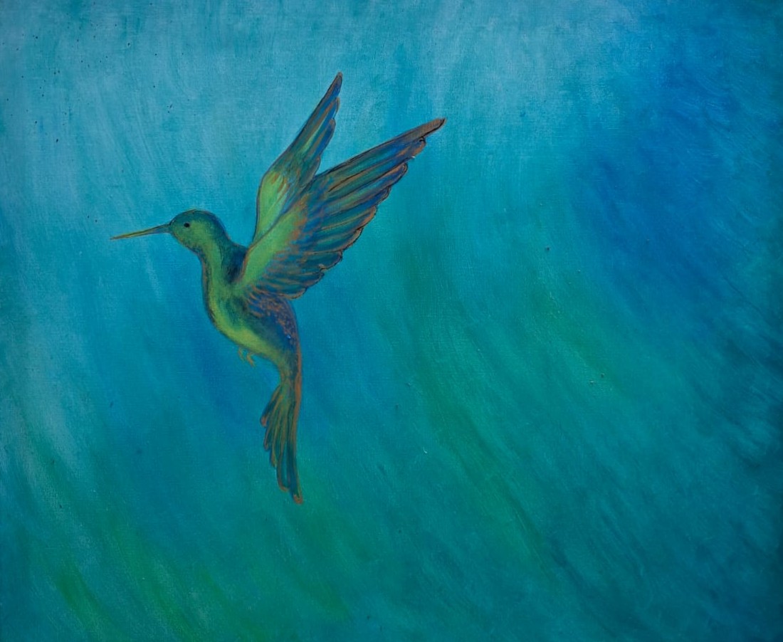 Painting of a hummingbird on a teal background