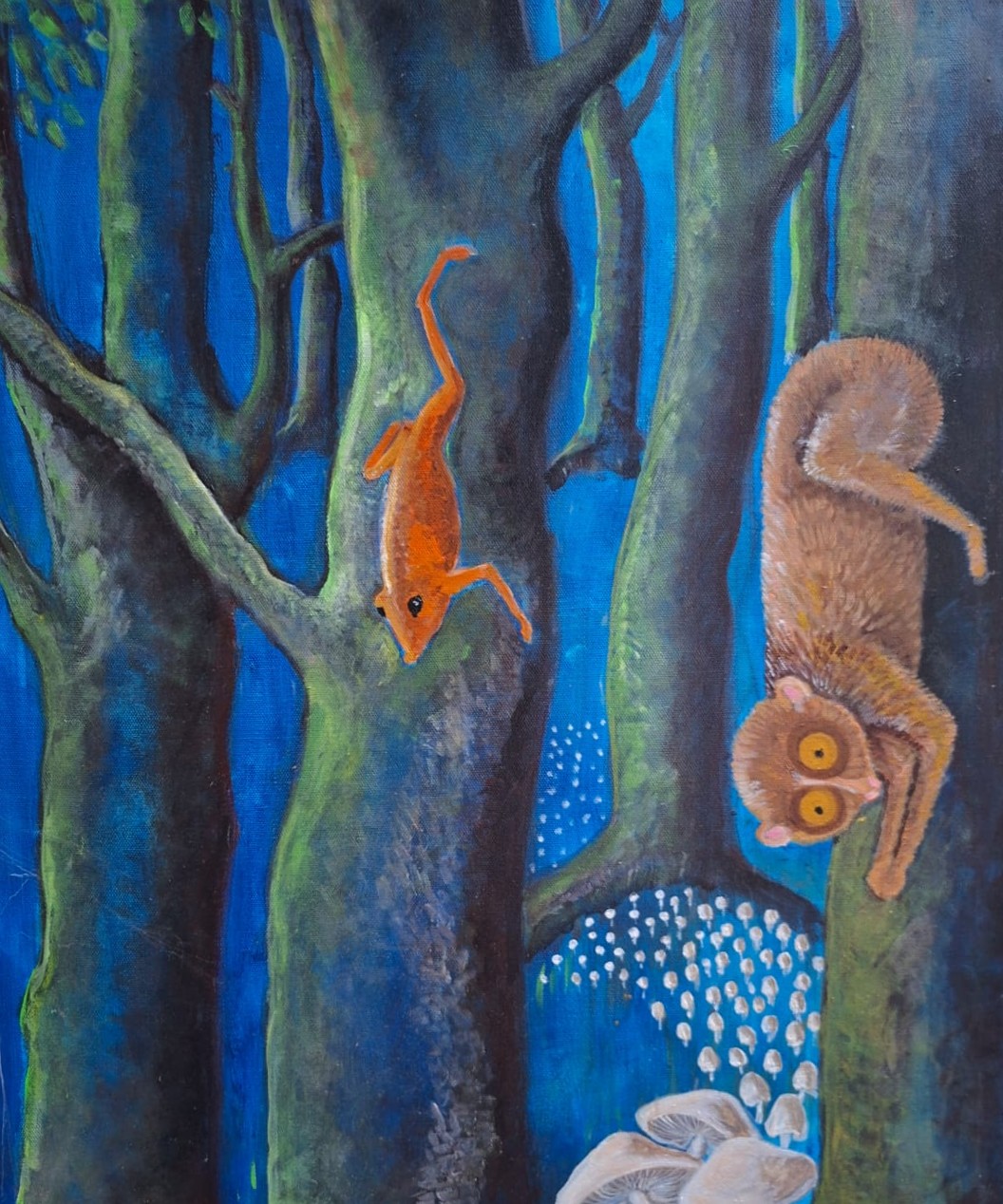 Painting of a loris and squirrel in the night forest
