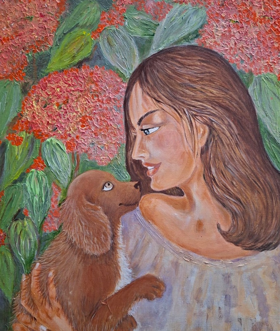 Portrait painting featuring a puppy and ixora flowers