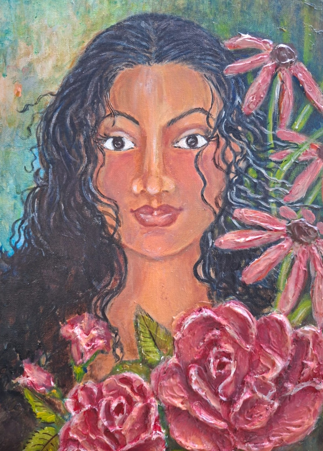 Portrait painting with red and pink roses