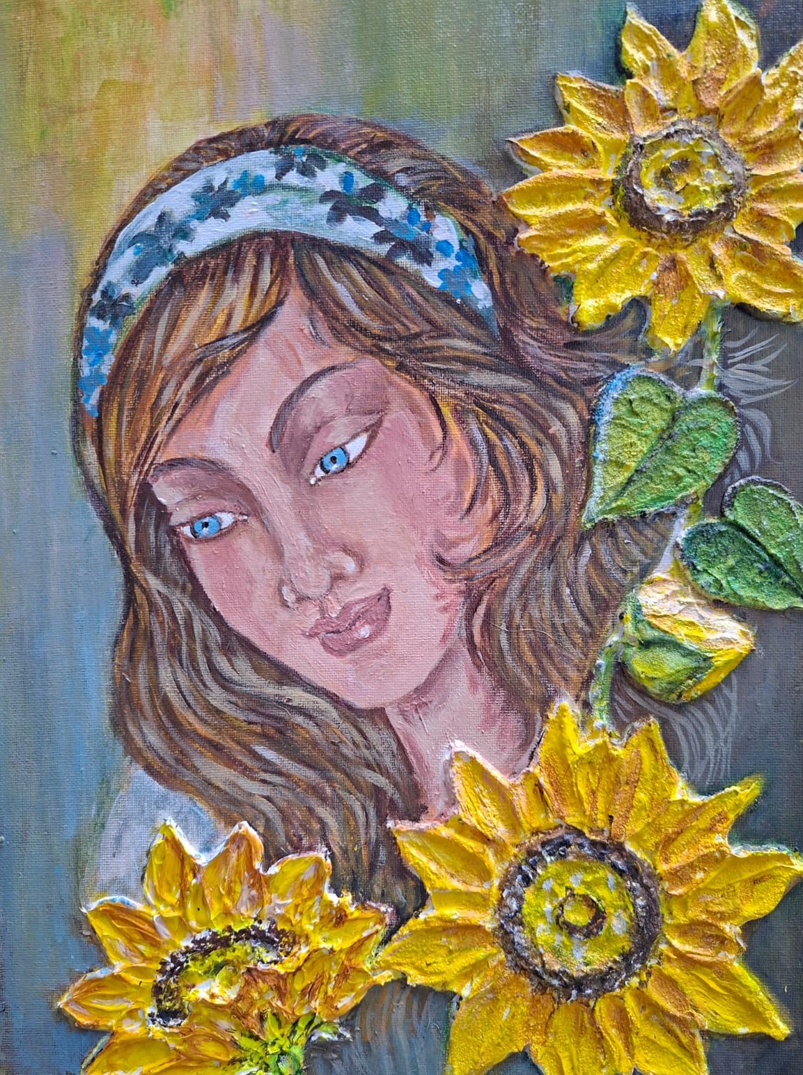 Portrait painting with sunflowers