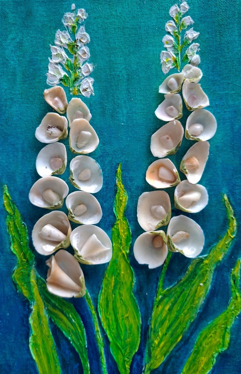 Shell canvas painting of foxglove spires