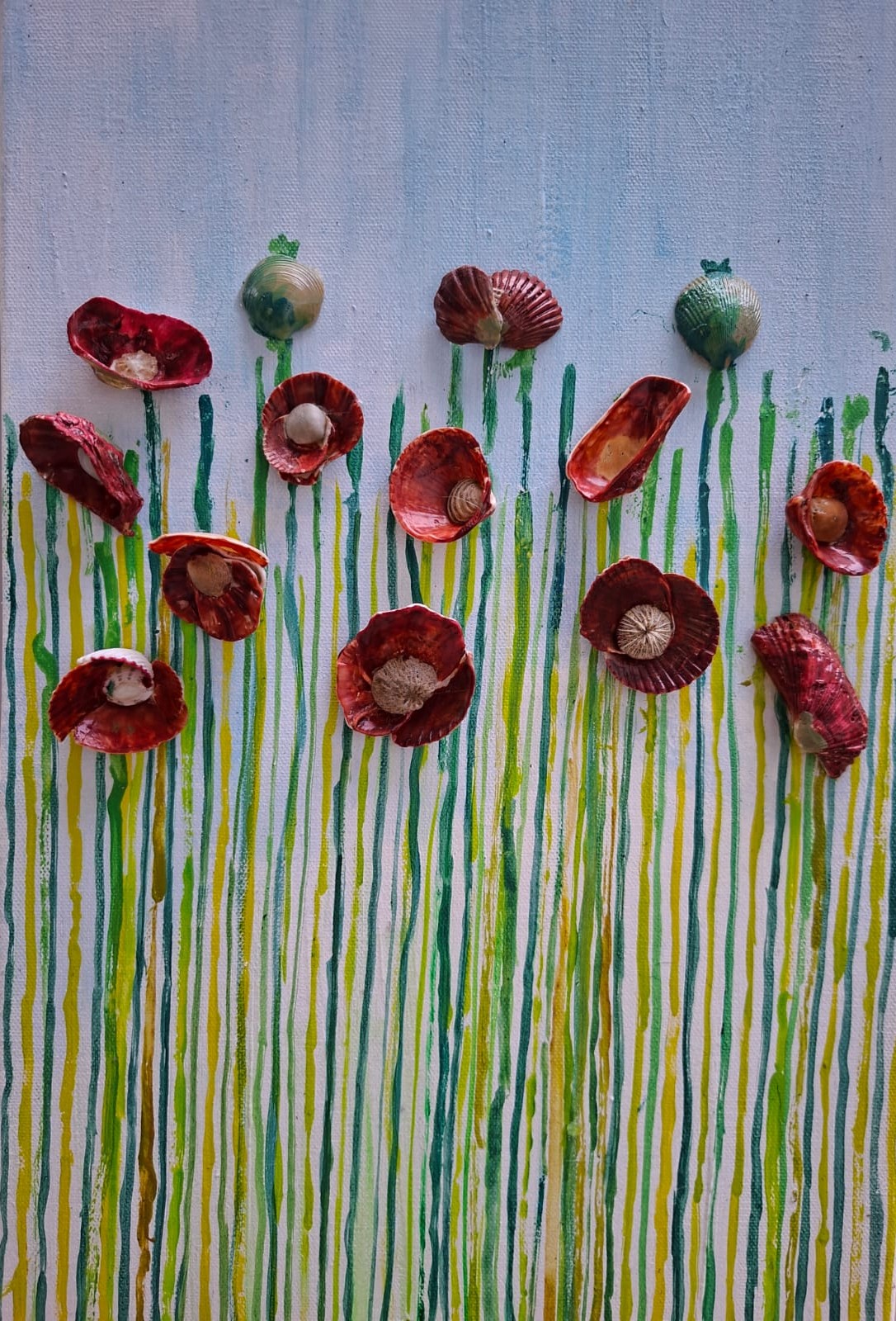 Shell canvas painting of poppies with dripped stems