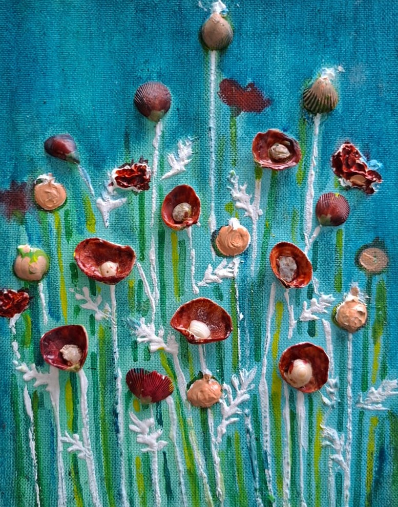 Shell canvas painting of poppies on a turquoise ground