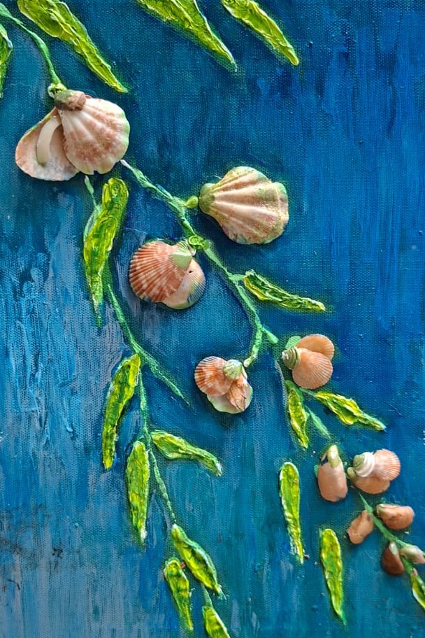 Shell canvas painting of a seagrass branch