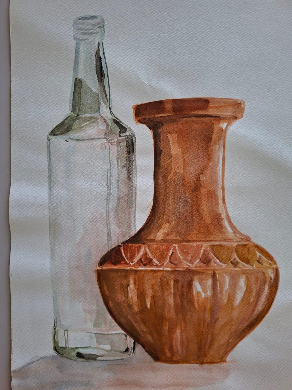 Watercolour painting of a glass bottle and ceramic jug