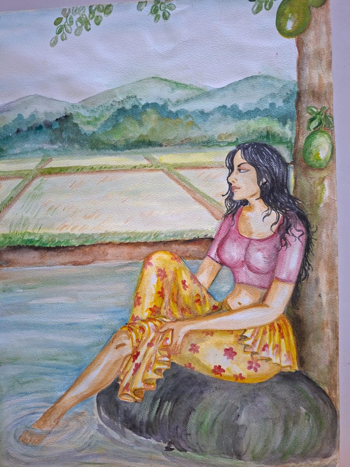 Watercolour painting of figures by the water