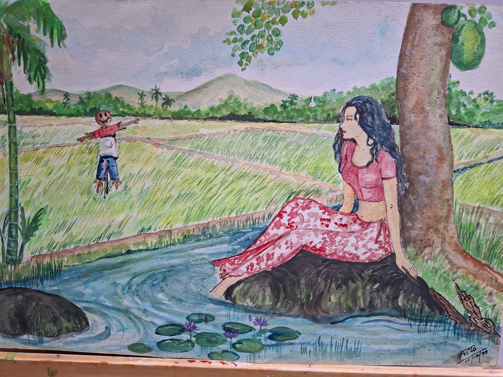 Watercolour landscape of a paddy field and scarecrow