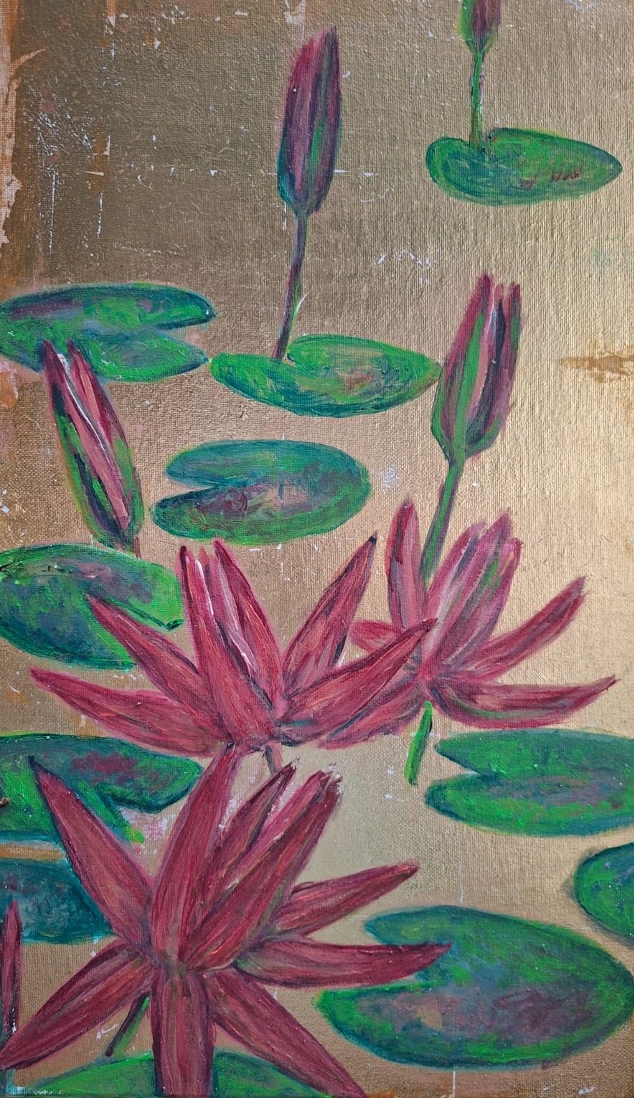 Painting of waterlilies on a gold ground