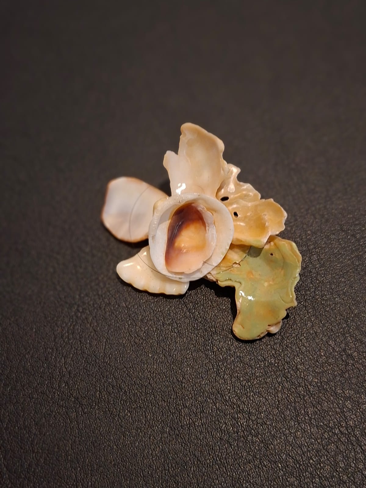 A brooch of pale shells opening like an orchid, with a green glazed leaf